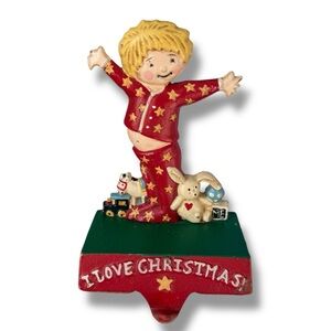 Vtg Engelbreit "I LOVE CHRISTMAS!" Cast Iron stocking hanger boy red pajamas